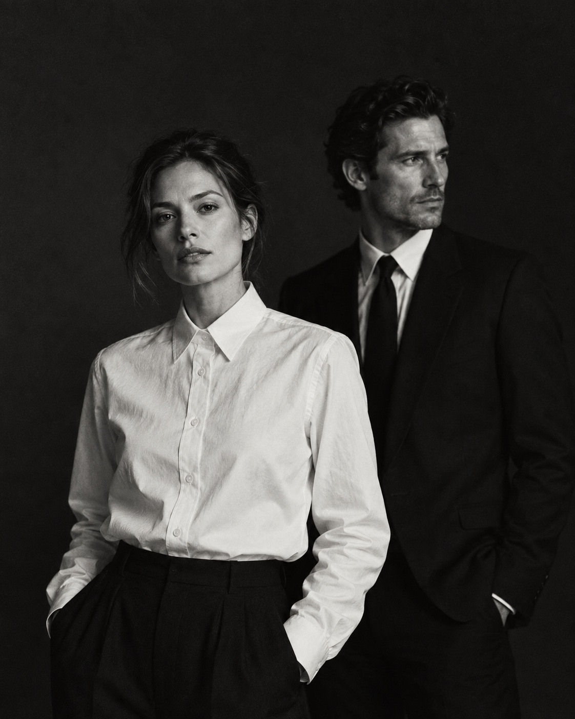 Black-and-white editorial portrait of a woman in a white shirt and a man in a dark suit